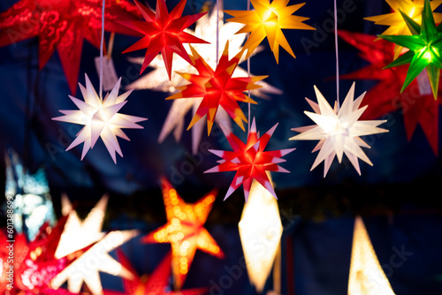 Fotografie Colorful Moravian stars at Christmas market in Dresden.