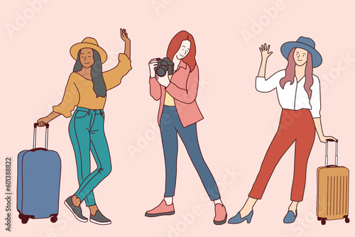 line art group of friends female traveler carrying a suitcase Tourists travel abroad. Relax. Travel is a concept. Hand drawn.
simple line cartoon