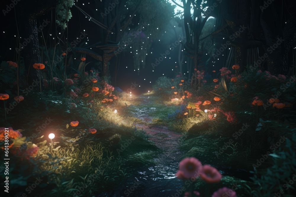a mystical forest with glowing flowers