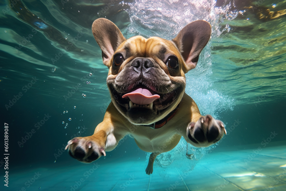 Funny dog swimming underwater, Generative AI.