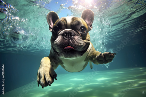 Funny dog swimming underwater, Generative AI.
