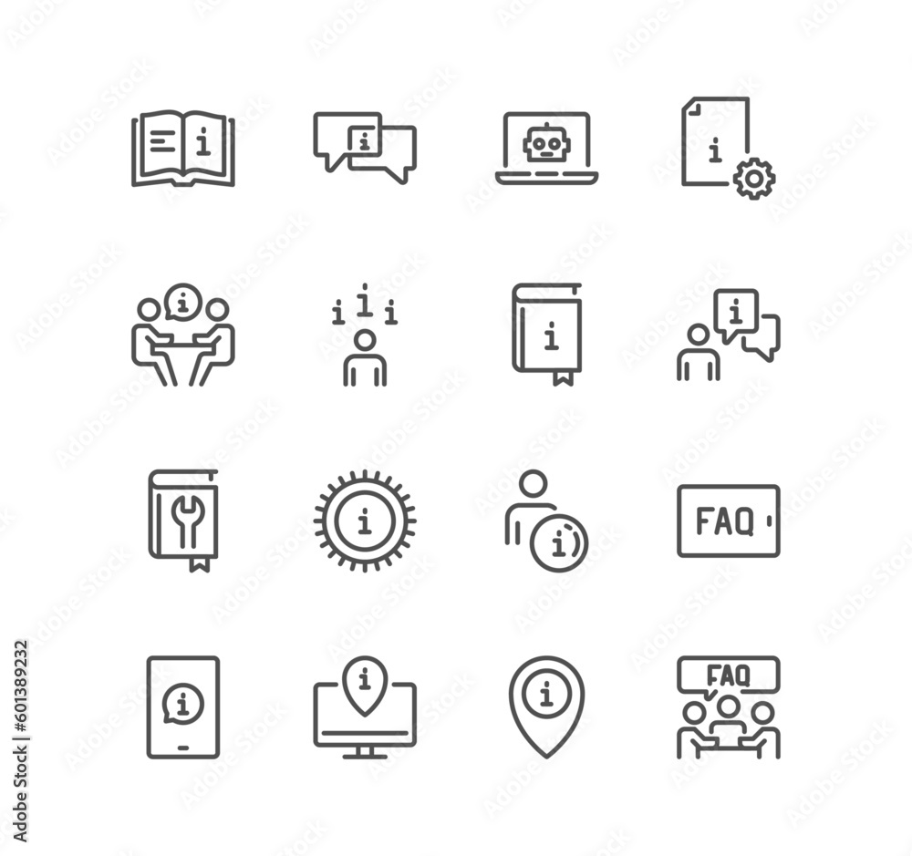 Set of info and help desk related icons, privacy policy, manual, rule, instruction, inform, guide, reading, info center and linear variety vectors.