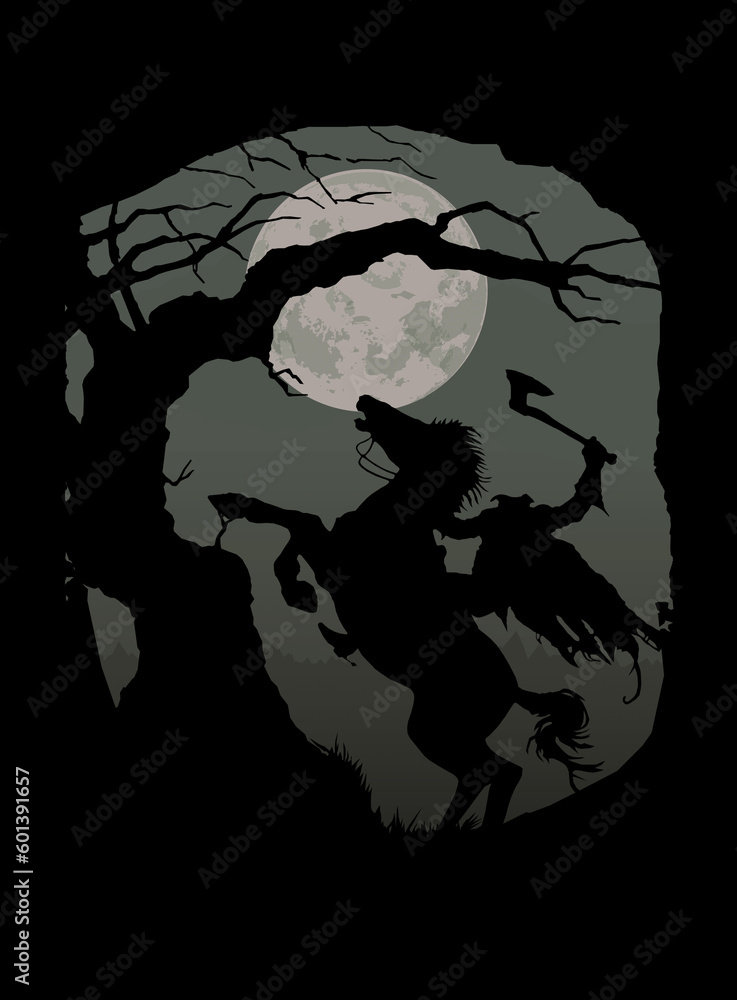 Halloween background with a silhouette of headless horseman and a full moon.