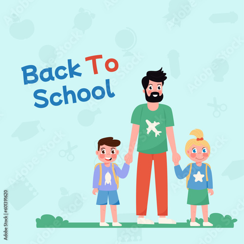 Back to school flat background father takes daughter to son to school