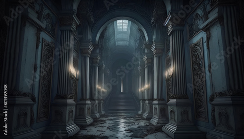 Dark Hallway Leading to Crypts and Coffins - Abandoned Mausoleum © Oleksandr