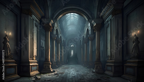 Dark Hallway Leading to Crypts and Coffins - Abandoned Mausoleum © Oleksandr