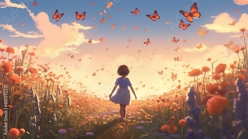 A girl with butterflies in the meadow. Generative AI.