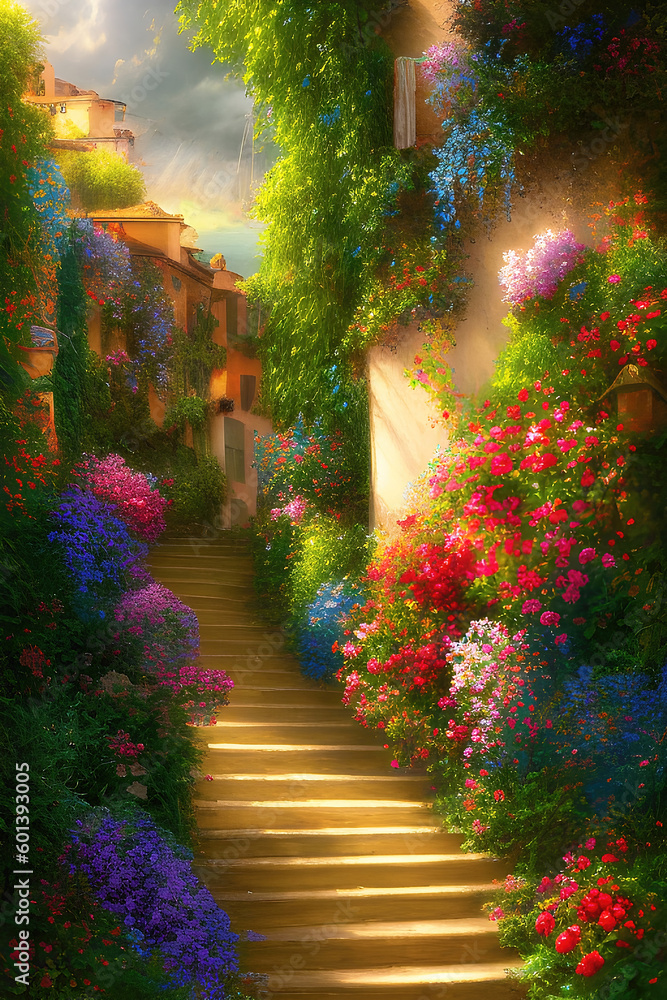 Fototapeta premium An old town full of summer flowers oil painting, nostalgic beautiful art illustration. Generative Ai.