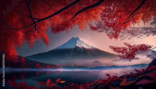 mountain with red leaves and a red tree