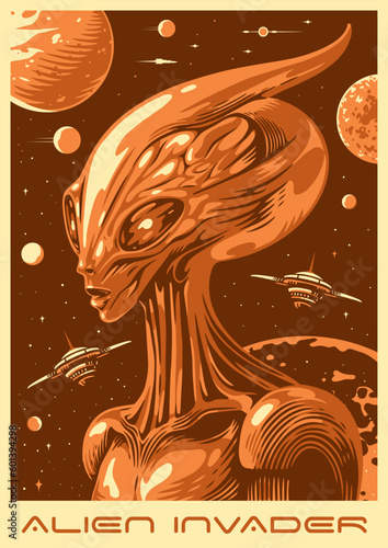 Alien portrait vintage poster monochrome