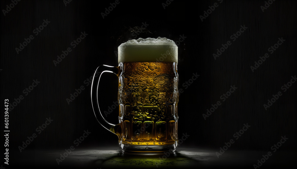 A glass of beer with drops on a black background
