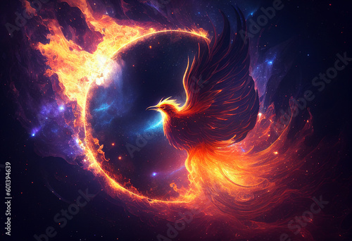 Burning bird phoenix on black background. AI generated