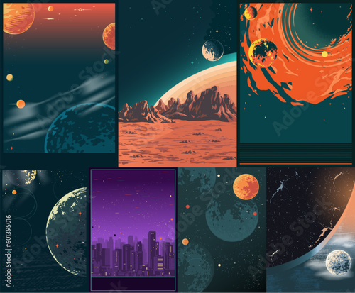 Space landscapes set posters colorful