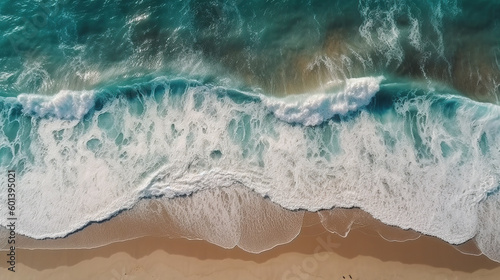 Ocean waves on the beach as a background. Beautiful natural summer vacation holidays background. Aerial top down view of beach and sea with blue water waves