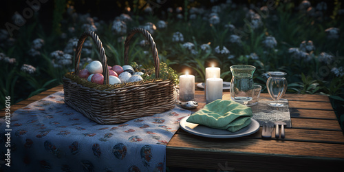 Happy easter. Lunch in summer rustic garden. Outdoors dinner. Summertime holidays. wooden table with tasty food,eggs, candle, on sunset light. Generative ai. © Inai