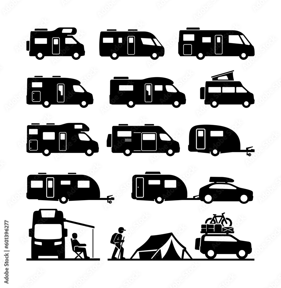 Recreational Vehicle Motorhome Campervan Caravan Vector Icons Recreational Vehicle Motorhome Campervan Caravan Vector Icons
