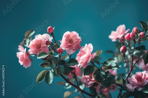 Beautiful fluffy branches of blooming shrub pink rose against a blue background  isolated. Valentine s Day  Easter  Birthday  Happy Women s Day  Mother s Day.