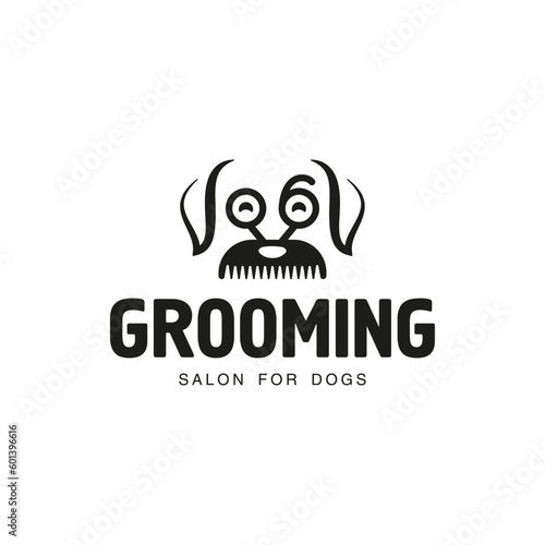 Logo for grooming barbershop and pet care salon for dogs and cats, scissors and comb in the shape of eyes and mustaches. Flat style. Vector illustration.