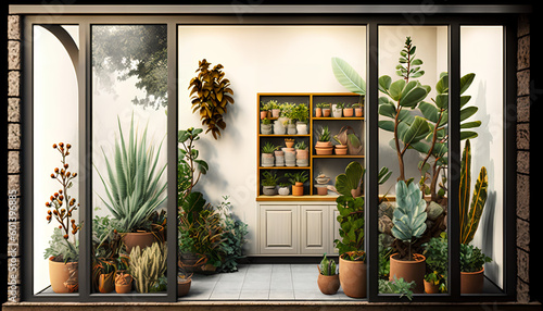 A room with a plant in the middle and a window with a planter on the right