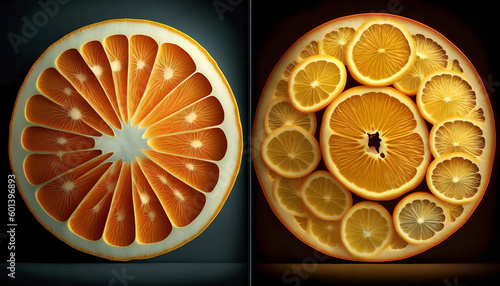 A group of citrus fruits with different colors and the bottom one is orange