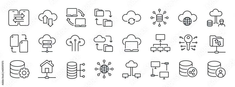 Data traffic, database, clouds, exchange thin line icons. Editable stroke. For website marketing design, logo, app, template, ui, etc. Vector illustration. - obrazy, fototapety, plakaty 