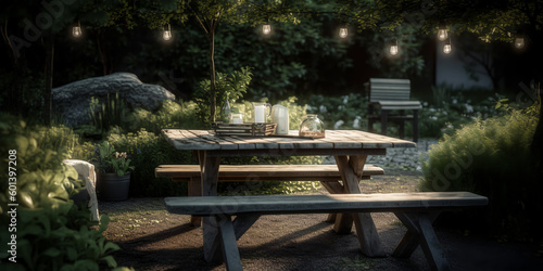 Summer evening in the garden. Backyard with table, place for rest, tea drinking, reading books, breakfast. outdoors vacation concept. Lantern decorations. Generative ai.