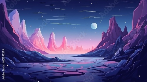 Cosmic Background, Alien Planet Deserted Landscape With Mountains, Rocks, Deep Cleft And Stars Shine In Space. Extraterrestrial Computer Game Backdrop, Parallax Effect generative ai photo