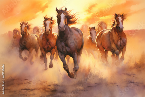 Watercolor Generative AI of Horses Galloping in a Herd Kicking Up Dust at Sunset