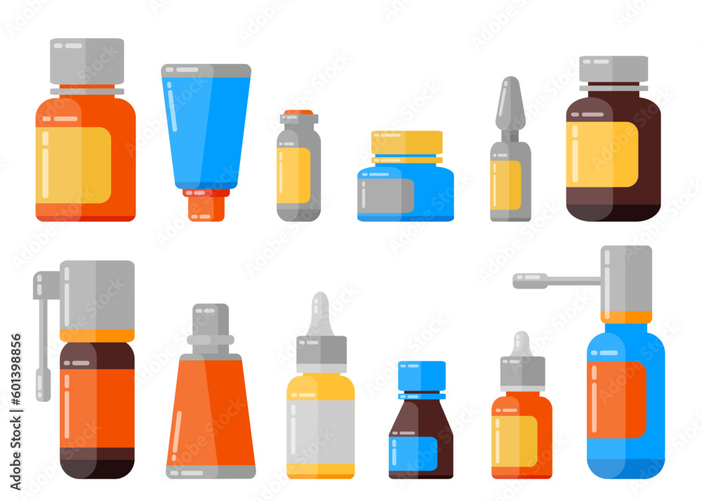 Big set of medical nasal drops, bottles with pills, sprey for throat, ampules and other medicine for healthcare. Illustration for websites, mobile applications, posters and banners. Medical concept Big set of medical nasal drops, bottles with pills, sprey for throat, ampules and other medicine for healthcare. Illustration for websites, mobile applications, posters and banners. Medical concept
