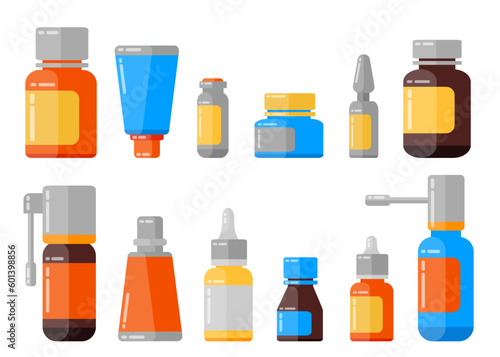Big set of medical nasal drops, bottles with pills, sprey for throat, ampules and other medicine for healthcare. Illustration for websites, mobile applications, posters and banners. Medical concept