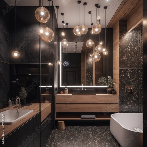 A Glamorous Designer Bathroom with Luxurious Freestanding Bathtub and LED Lighting..