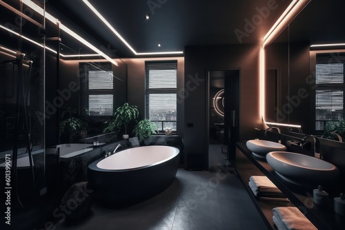 sleek black marble and wood bathroom with LED lighting, double vanity, and freestanding tub. © aboutmomentsimages
