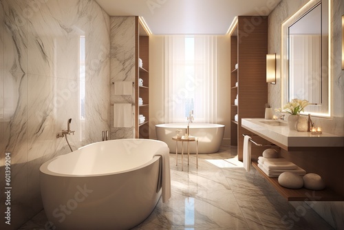 Upscale Designer Bathroom with Freestanding Tub  LED Lighting Accents  and Luxurious Atmosphere.....