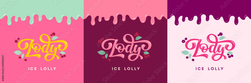 Vector Illustration with letters Lody (mean Ice cream in Polish) on tasty background with berries and mint - obrazy, fototapety, plakaty 