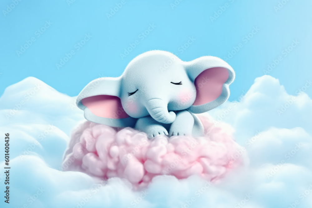 Lindo elefante entre nubes de algodon rosa y cielo azul durmiendo. Ilustracion de IA generativa Lindo elefante entre nubes de algodon rosa y cielo azul durmiendo. Ilustracion de IA generativa