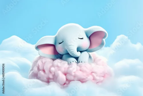 Obraz Lindo elefante entre nubes de algodon rosa y cielo azul durmiendo. Ilustracion de IA generativa