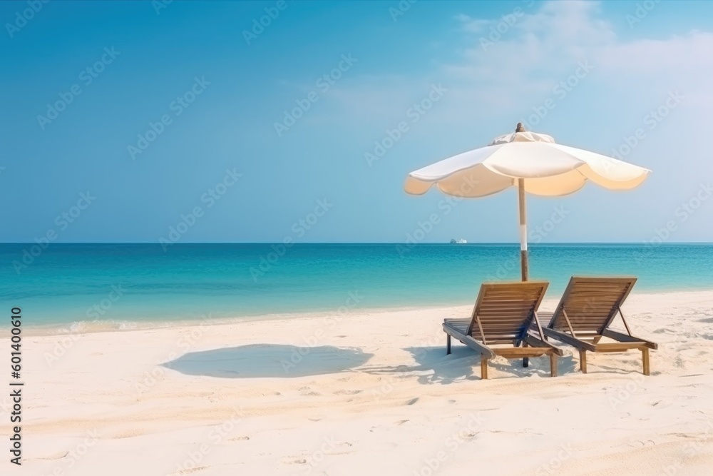 beach chairs and umbrella on the beach, ai generative