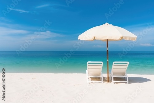 beach chairs and umbrella on the beach  ai generative