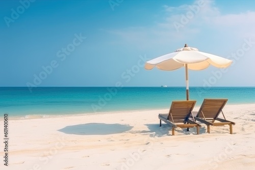 beach chairs and umbrella on the beach, ai generative © nataliya_ua