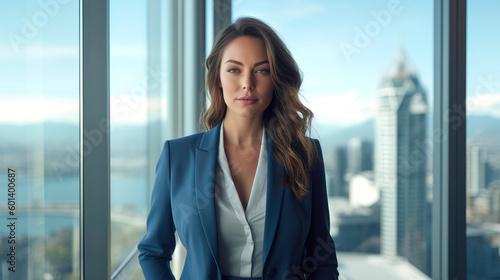 Confident and happy businesswoman wearing a suit in a spacious, sleek office with a breathtaking city skyline view. Generative AI