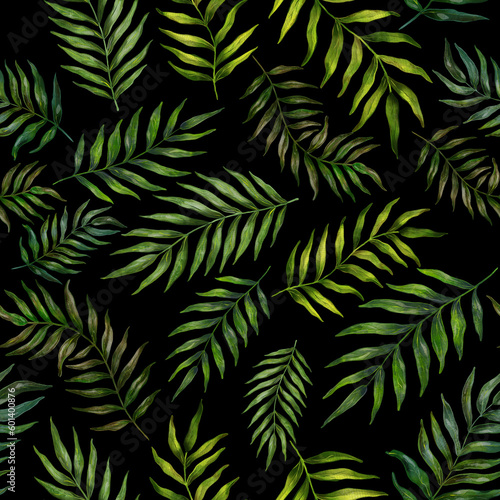 Watercolor seamless pattern with palm leaves. Beautiful allover tropical print with hand drawn exotic plants. Swimwear botanical design. 