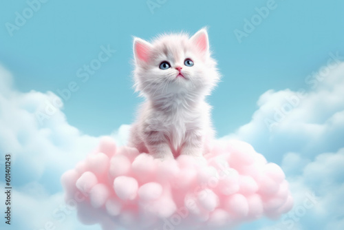 Lindo gatito blanco entre nubes de algodon rosas y blancas.Ilustracion de IA generativa photo