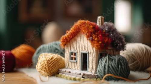 cuty tiny house made entirely of wool in a cozy and magic environment. real estate communication. generative ai illustration photo