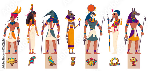 Set of ancient Egyptian gods and goddesses. Vector flat characters of Egypt mythology, myth Cairo statues. Ra, Bastet, Maat, Thoth, Anubis and Ptah with religious symbols isolated on white background.