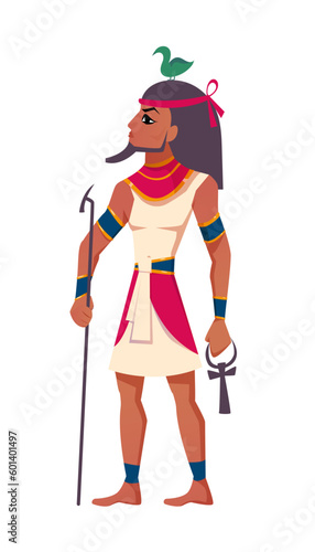 Ancient egyptian god Geb with sacred animal goose on head flat vector illustration. Deity of the Earth with bird symbol isolated on white background. Mythological character from history and religion.