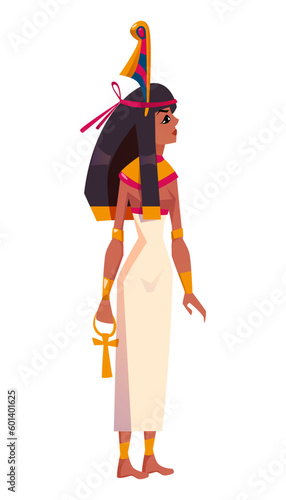 Ancient Egyptian goddess Maat. Deity of justice with sacred feather in hair flat vector illustration. Mythological character with symbol of truth on head isolated on white background.