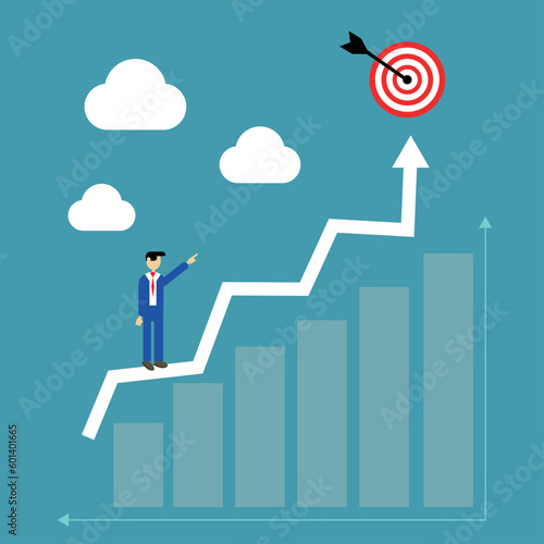 Businessman stepping and climbing stairs, vector illustration cartoon, ascending economy