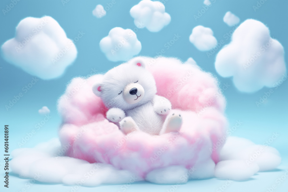 Lindo oso de peluche durmiendo en una nube rosa sobre fondo de cielo azul. Illustracion de IA generativa - obrazy, fototapety, plakaty 