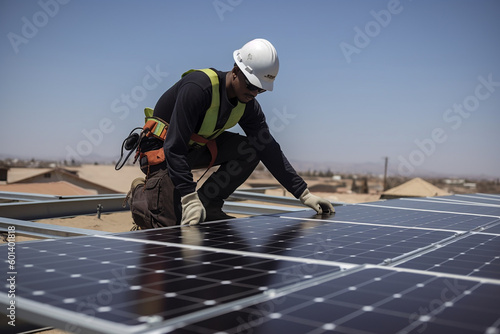 Man technician mounting photovoltaic solar moduls. Cropped view of builder in helmet installing solar panel system. Concept of alternative, renewable energy, Generative AI