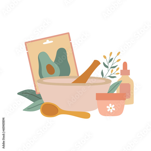 Natural organic cosmetic products concept. Face cream, sheet mask, pounder and leaves. Hand made cosmetics. Isolated vector illustration